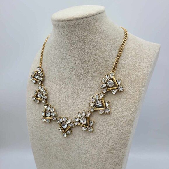 J Crew Clear Crystal Gold Tone V Cluster Statement Necklace - Picture 4 of 9